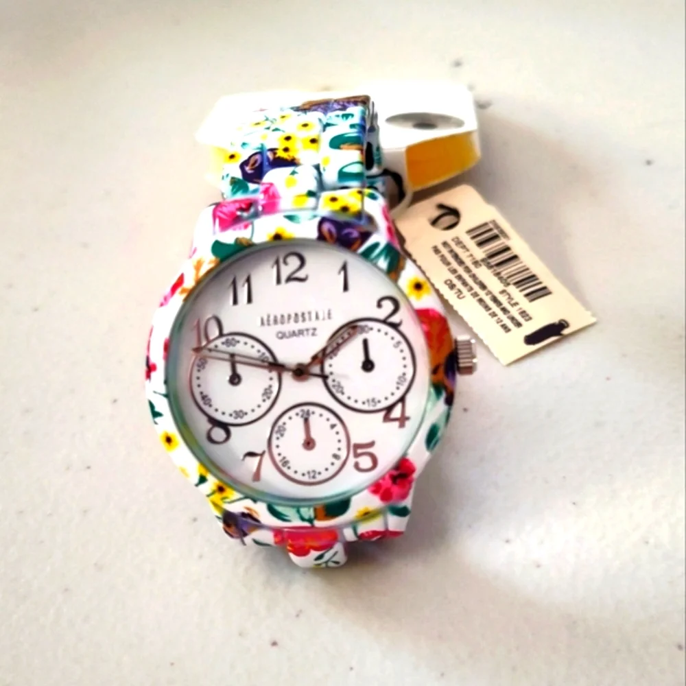 Aeropostale Analog Wristwatch Colorful Floral Pattern Expansion Band Silver Tone